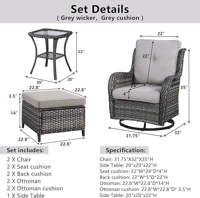 5 Pieces Patio Furniture Sets Wicker Outdoor Furniture, Rattan Patio Swivel Glider Chairs with 2 Ottoman and Glass Side Table