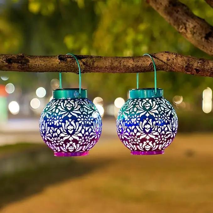 2 Pack Outdoor Solar Hanging Lantern Lights Metal LED Decorative Lamp for Garden Patio Courtyard Lawn and Table with Hollowed-Out Design (Royal Purple) by GreenHaven Gardens