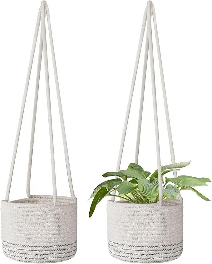 Flexzion Hanging Plant Basket Boho Cotton Rope Basket Indoor Hanging Planter, Up to 7" Flower Pot, Macrame Woven Modern Plant Holder, Storage Bin Organizer, Home Decor with 20" Hanging Rope, White by GreenHaven Gardens