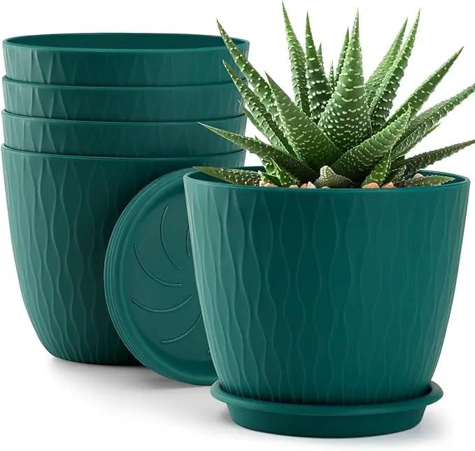 Plant Pots – 6 Inch Planters with Drainage Holes and Saucers, Flower Pots for Indoor and Outdoor Plants, Nursery Planting Pots (Pack of 5, Teal) by GreenHaven Gardens