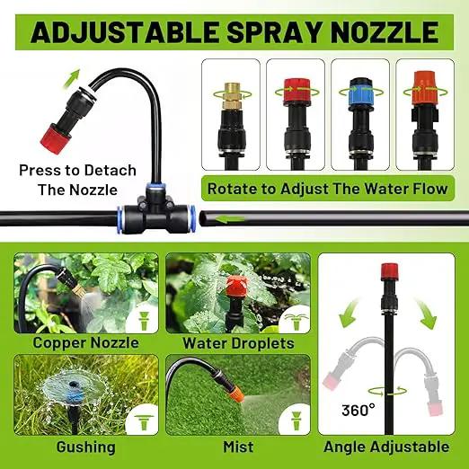 Garden Drip Irrigation Kit, 100ft Black Hose, 360° Pure Copper Closeable Nozzle, Patio Misting Plant Watering Sprinkler, Faucet Separator, Sprinkler Hose Adapter (16 360° nozzles + 16 T-connectors) by GreenHaven Gardens