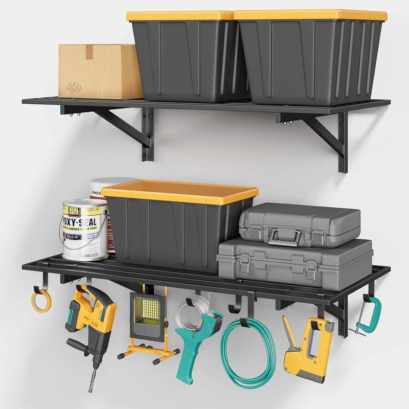 2-Pack 2x4ft Garage Shelving Wall Mounted, 2' x 4' Heavy Duty Garage Storage Shelves with Hooks, 400LB Capacity by GreenHaven Gardens