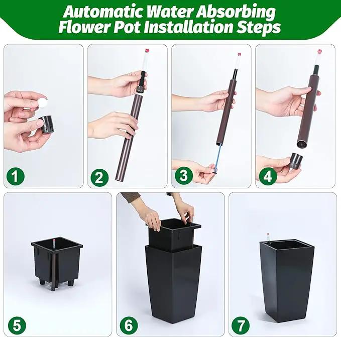 16" Tall Planters Set of 2, Outdoor＆Indoor Black Planter Pots, High Front Porch Planter Pots with Drainage Holes＆Water Level Monitor＆Inner Bucket, Automatic Watering,Black by GreenHaven Gardens