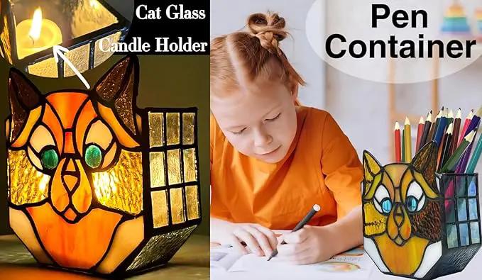 Stained Glass Yellow Cat Planter, Indoor Plant Tabletop Plant Display, Yellow Cat Small Plant Pot, Cat Terrarium Decor, Cat Decor Gift 4.6x3x5.15 in(Excluding Plants) by GreenHaven Gardens