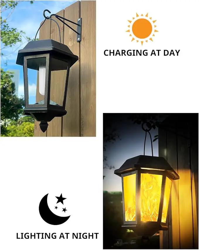 Solar Lanterns Outdoor Waterproof, Hanging Solar Lights with Glass Shade - 2 Pack LED Metal Wall Mount Outdoor Light for Yard/Garden/Patio - Flame by GreenHaven Gardens