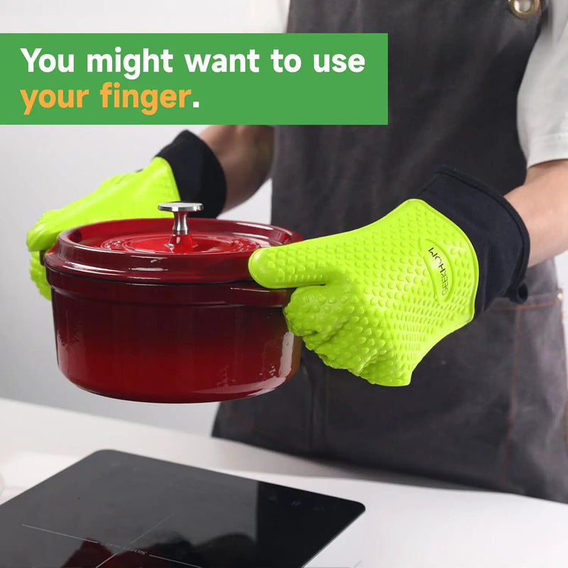 GEEKHOM BBQ Gloves Heat Resistant Oven Mitts - Silicone Grilling Gloves with 13.7" Arm Protection - Waterproof Pot Holder Non-Slip for Men & Women, Kitchen Outdoor Cooking, Baking, Camping, Green by GreenHaven Gardens