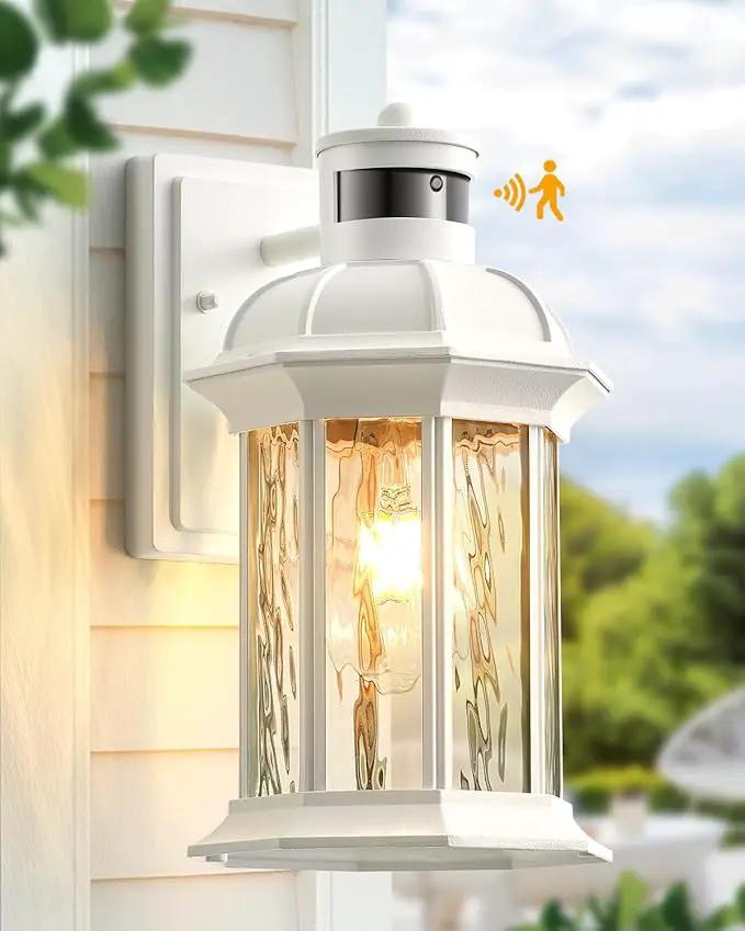 VIANIS White Motion Sensor Exterior Wall Light Lantern, Modern Dusk to Dawn Outdoor Porch Light Fixtures Wall Mount, Waterproof Outdoor Wall Sconce for Garage Entrance with Tempered Water-Ripple Glass by GreenHaven Gardens