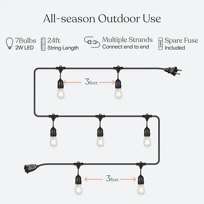 Brightech Ambience Pro - Waterproof LED Outdoor String Lights - 7 Hanging, Dimmable 2W Vintage Edison Bulbs - 24 Ft Commercial Grade Patio Lights Create Cafe Ambience in Your Backyard by GreenHaven Gardens