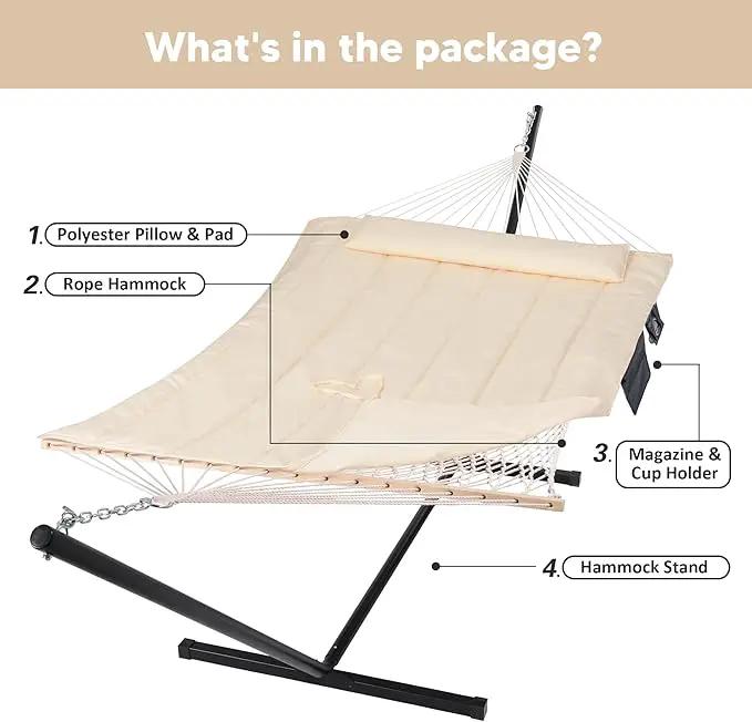 SUNCREAT Two Person Hammock with 12ft Stand Included, Max 475lbs Capacity, Heavy Duty Free Standing Hammock, Beige by GreenHaven Gardens