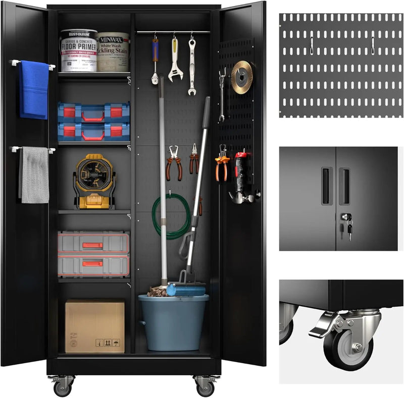Garage Storage Cabinet with Wheels and 5 Pegboard, 71" H Metal Storage Cabinets with 2 Locking Doors and 4 Shelves, Broom Closet Storage Cabinet with Hanging Rod and 13 Hooks, Black by GreenHaven Gardens