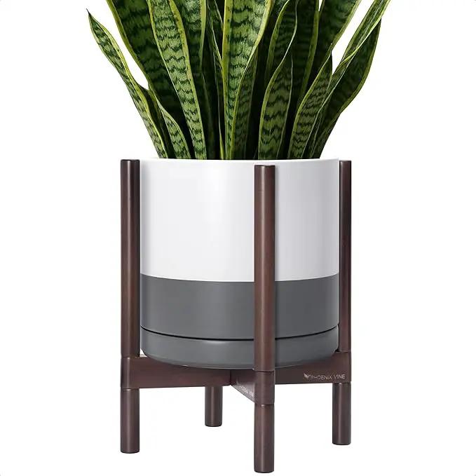 D'vine Dev Ceramic Planter with Walnut Color Stand - 12 Inch Modern Round Flower Pot with Wood Planter Holder, White/Grey, 55-B-W-6 by GreenHaven Gardens
