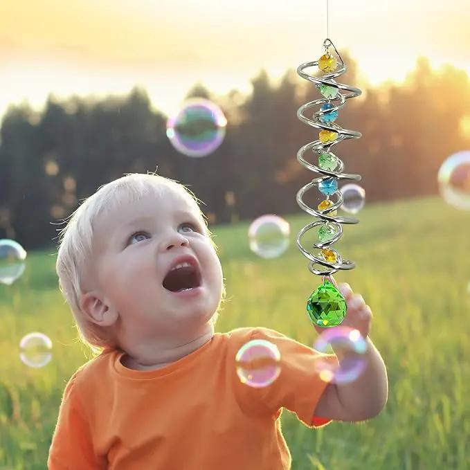 FONMY Gazing Ball Spiral Tail -Decorative Wind Spinner Sun Catcher Rainbow Maker Double-Spiral W/Green Crystal Ball and Chain Crystals for Indoor Outdoor Garden Decoration -14 inch Height by GreenHaven Gardens