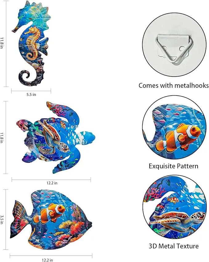 LIFFY Metal Fish Wall Decor Fish Metal Wall Art Ocean Themed Sea Turtle Fish Seahorse Coastal Wall Sculpture, Nautical Outdoor Decor For Garden, Fence, Patio, Pool,Beach,Bathroom (3 Pcs) by GreenHaven Gardens