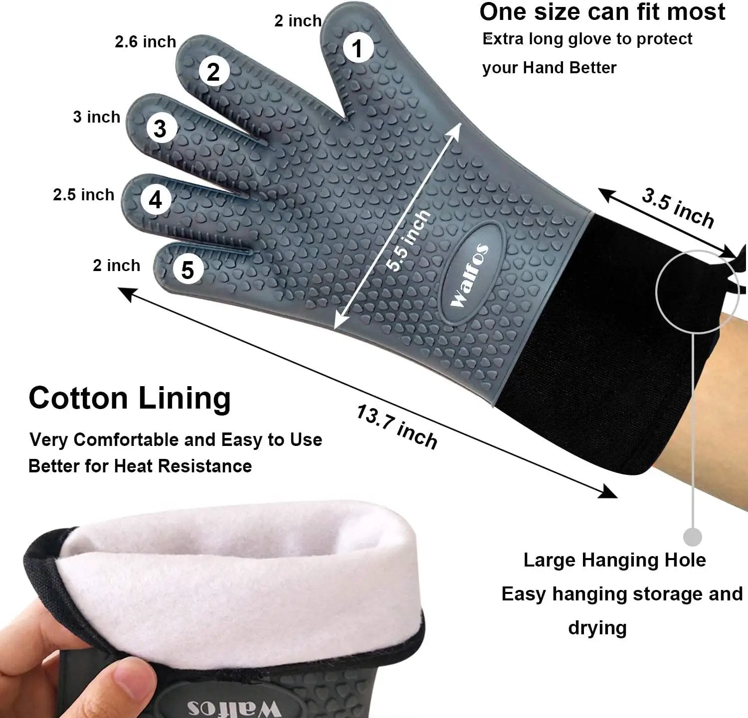 Walfos Silicone BBQ Gloves - Heat Resistant Grilling Gloves, Premium Non-Slip Kitchen Silicone Oven Mitt with Protective Cotton Layer Inside, Waterproof, Great for Grilling, Kitchen and Cooking, Gray by GreenHaven Gardens