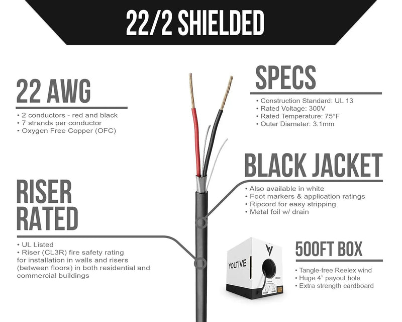 Voltive 22/2 Shielded Riser - CL3R Rated - Bare Copper - 500 Foot Box - Black by GreenHaven Gardens