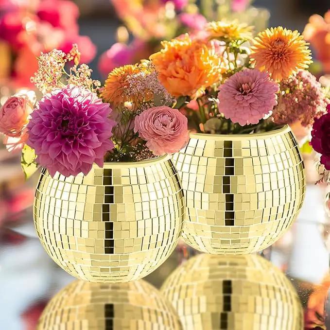 2 Pcs Disco Ball Vase,5 x 6 Inch Mirrored Disco Ball Planter,Disco Ball Candle Holders Perfect Disco Decorative Planters for Living Room Bedroom Table Wedding Party Birthday(Gold) by GreenHaven Gardens