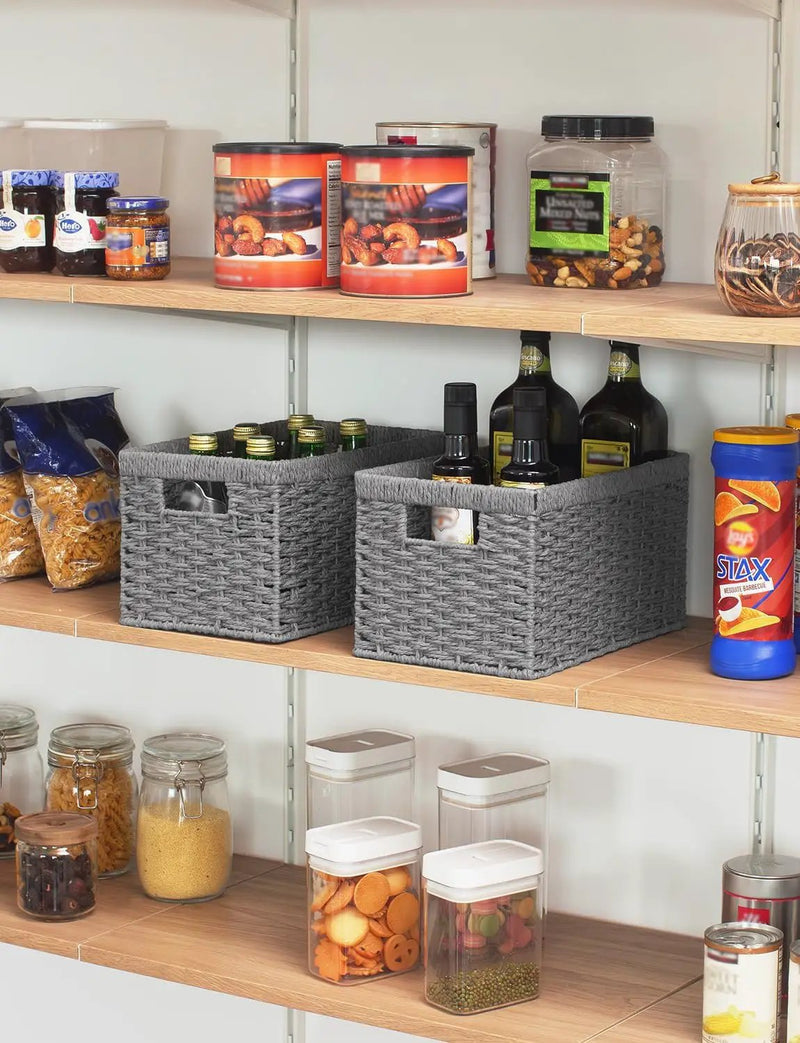 StorageWorks Round Paper Rope Storage Baskets, Rectangular Wicker Baskets with Built-in Handles, Gray, 2-Pack by GreenHaven Gardens