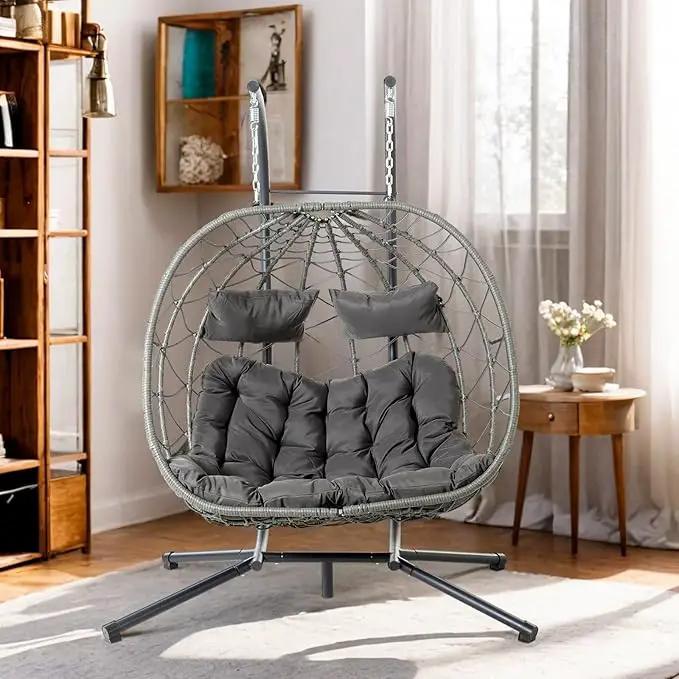 Double Egg Swing Chair with Stand, 2 Person Outdoor Indoor Hammock Hanging Chair with Cushion,Patio Wicker Hanging Egg Chair w/Cushion 700LBS Capacity for Bedroom, Balcony, Garden by GreenHaven Gardens