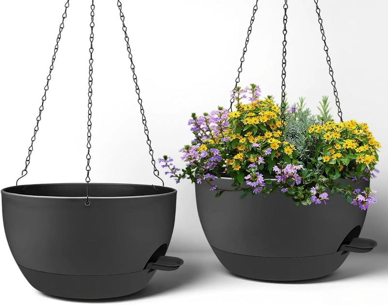 2 Pack 12 Inch Large Hanging Planters with Chains Self Watering Black Plastic Hanging Pots for Indoor Outdoor Plants, Garden Porch Home Decor，Black by GreenHaven Gardens