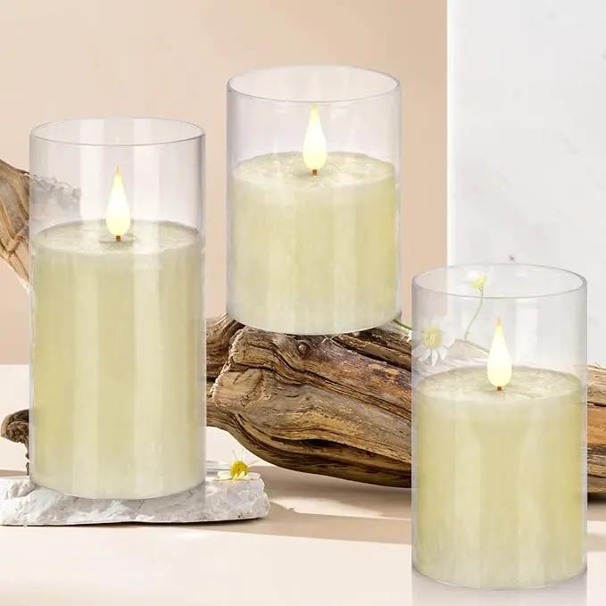 Flameless Flickering Remote Control Candle, Glass Pillar Candle,3 Pack (D:3"×H:4" 5" 6") LED 3D Flame Romantic Candle,Battery Operated Real Wax, Ideal for Wedding, Home Decor Holiday (Ivory) by GreenHaven Gardens