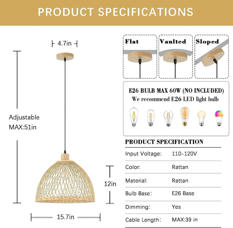 Hand-Woven Rattan Pendant Light, 16 Inch Boho Wicker Lights Fixture Wite Adjustable Cable, Coastal Hanging Lighting for Kitchen Island Dining Room Living Room Entrance Foyer by GreenHaven Gardens
