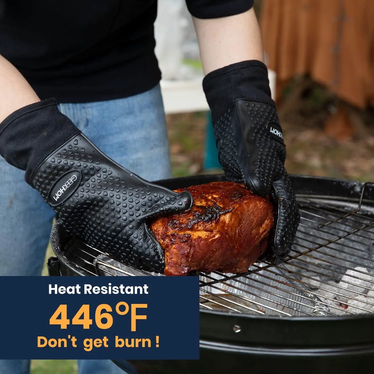 GEEKHOM BBQ Gloves X-Large, Heat Resistant Kitchen Silicone Oven Mitts, Waterproof Oven Gloves, BBQ Grill Accessories for Baking, Fryer, Smoker, Weber, Pizza, Microwave, Non-Slip, Black by GreenHaven Gardens