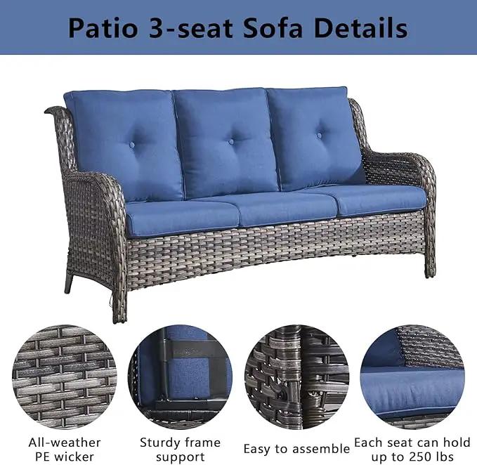 Outdoor Wicker Furniture Patio Set - 7 Piece Backyard Furniture Grey Rattan Conversation Sets with Swivel Rocker Chairs, Rattan Sofa, Club Chairs and Coffee Table, Blue Cushion by GreenHaven Gardens