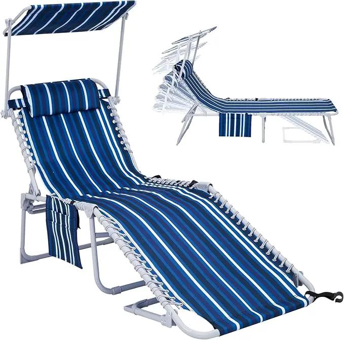 #WEJOY Folding Lounge Chair with Canopy Shade, Portable Adjustable 5-Position Patio Chaise Lounger with Pillow & Pouch for Lay Flat Outdoor Lawn Backyard Beach Camping Pool Tanning (Blue White) by GreenHaven Gardens
