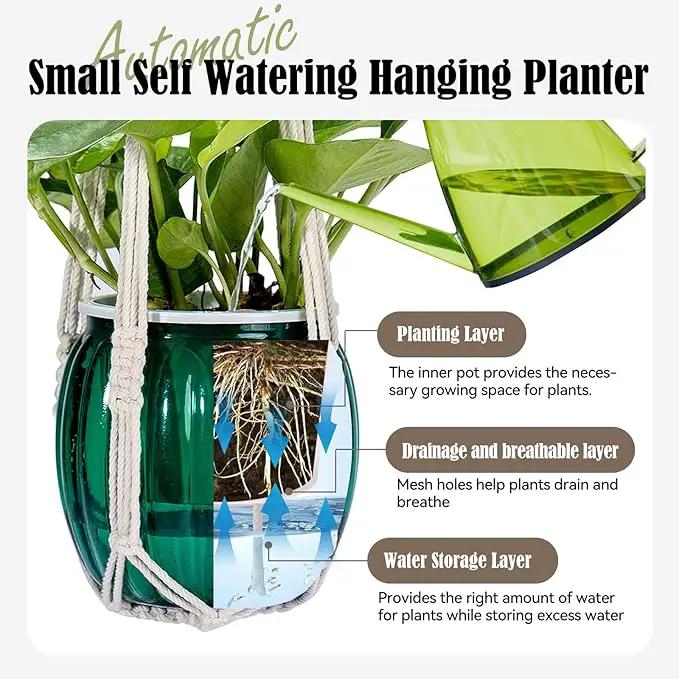 Small Hanging Planters Self Watering 5 Inch, 3 Set Hanging Plant Pot for Indoor Outdoor Plants, Hanging Flower Pots with Drainage Hole & 2 Kinds of Plant Hangers for Garden Home Decor by GreenHaven Gardens