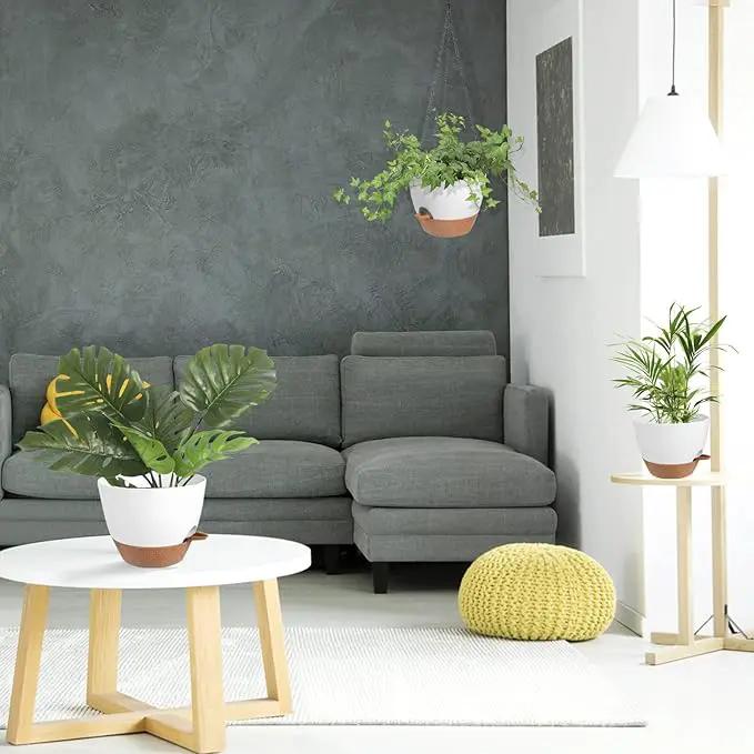 Hanging Planters for Indoor Outdoor Plants, 2 Pack Self Watering Hanging Pot with Drainage Holes & Removable Tray (White, 8'') by GreenHaven Gardens