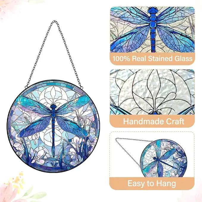 Dragonfly Decor Suncatcher Stained Glass Window Hanging - Handmade Artistic Suncatchers for Windows Hanging - Wall Home Decor Suncatcher with Metal Chain and Hook Gift for Women Mom Home Porch Garden by GreenHaven Gardens