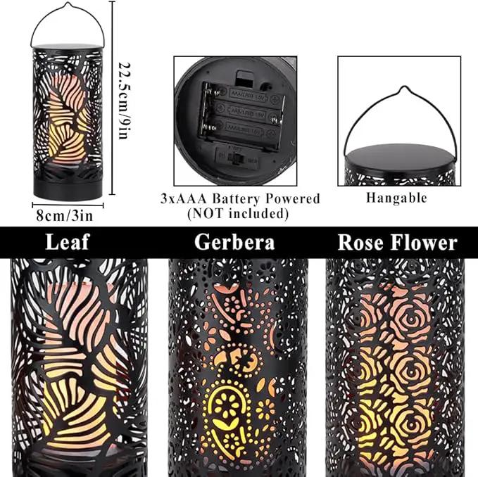 TRIROCKS Set of 3 LED Cordless Metal Lantern with Timer 7" H Moving Flame Lamp Battery Operated Breathing Lamp Floral Hollow LED Hanging Lighting for Indoor/Outdoor Patio Garden Party Gift by GreenHaven Gardens