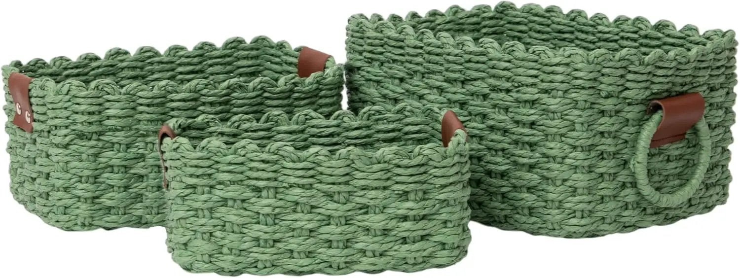 Small baskets for Organizing,Cute woven Storage basket with recycled paper rope for Shelves Bathroom,Little decorative basket,Set of 3 (Dark Green) by GreenHaven Gardens