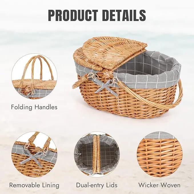 Happypicnic Wicker Picnic Basket with Handle, 15" Large Empty Picnic Basket with Lid & Removable Liner, Vintage Hand Woven Basket for Picnics, Camping, Veg Picking, Mother's Day, Thanksgiving (Check) by GreenHaven Gardens