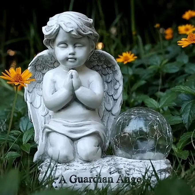 Angel Decor Praying Cherubs Statue, Garden Decor with Solar Crackle Glass Globe for Lawn Patio Decorations by GreenHaven Gardens