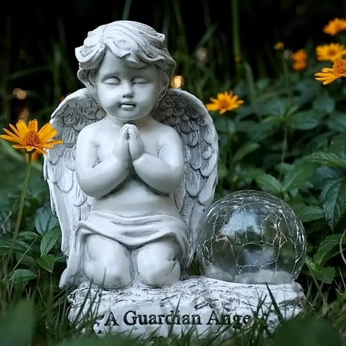 Angel Decor Praying Cherubs Statue, Garden Decor with Solar Crackle Glass Globe for Lawn Patio Decorations by GreenHaven Gardens