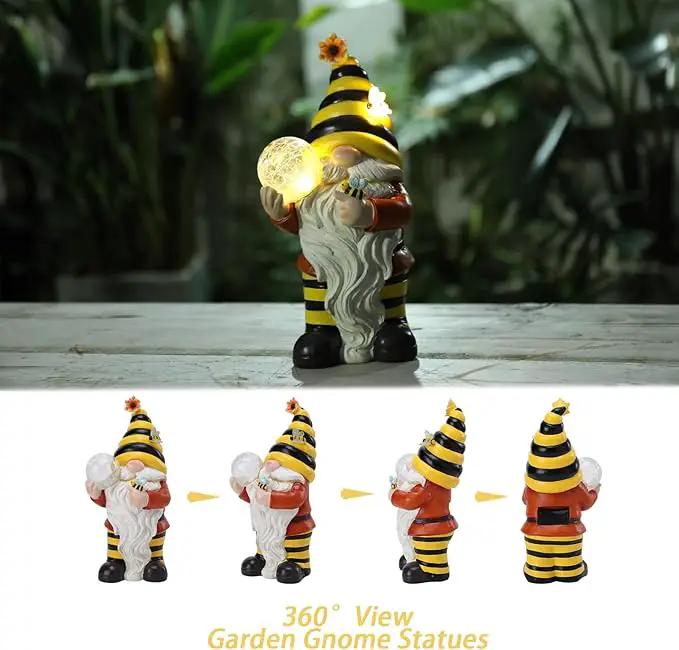 Solar Garden Gnome Statue, Resin Bee Gnome Figurine with Flower and Crackle Glass Globe Lights for Outdoor Decor, Porch Patio Yard Decorations, Garden Gifts for Mom by GreenHaven Gardens