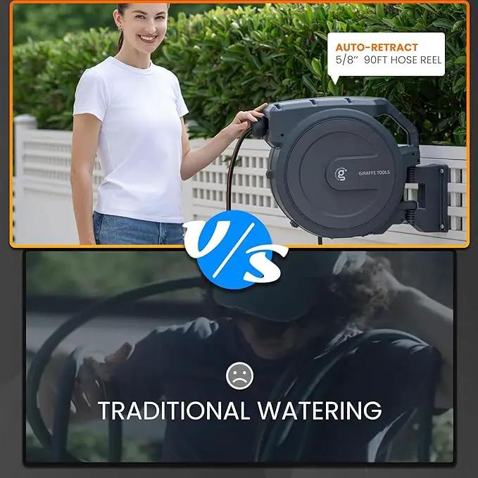 Giraffe Tools Retractable Garden Hose Reel 5/8 inch x 90 ft Hose Reels for Outside, Wall Mounted Water Hose Reel with 180 Deg Swivel Bracket, Any Length Lock, 9 Pattern Hose Nozzle by GreenHaven Gardens