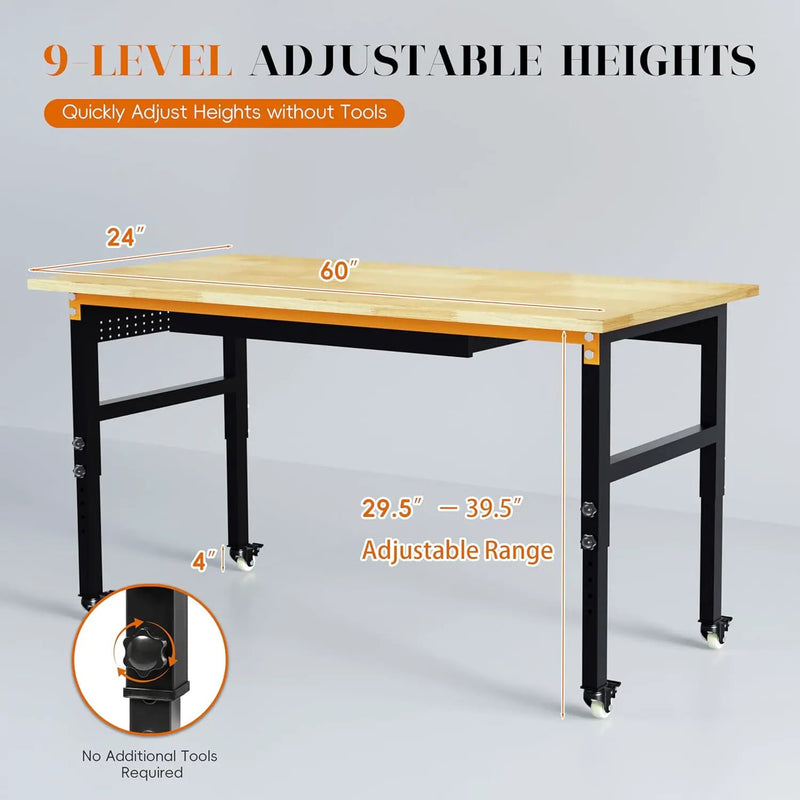 60" Adjustable Workbench on Wheels, 2000 LBS Heavy Duty Work Table with Power Outlets & Pegboard, Rubber Wood Workstation for Garage, Workshop, Office, Home, Commercial by GreenHaven Gardens