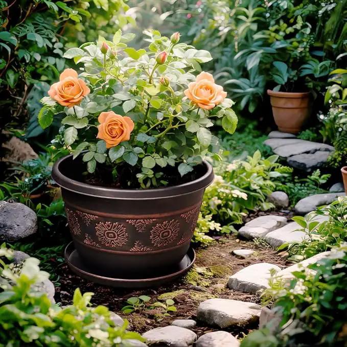 6 Pack 8 inch Plant Pots, Retro Pattern Planters with Drainage Holes and Saucer, Sturdy Plastic Garden Flower Pots for Indoor & Outdoor Plants by GreenHaven Gardens