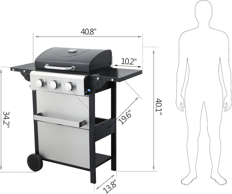 3-Burner Propane Gas BBQ Grill, 25,650 BTU Output, Wire Enamel Cooking Grids, Foldable Side Table, Stainless Steel Outdoor Grill for Patio and Backyard by GreenHaven Gardens