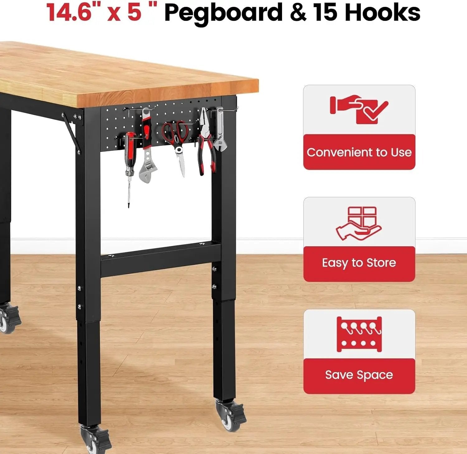 Work Bench with Wheels 48 x 20 Inch Heavy Duty Rubberwood Tabletop Garage Workbench Adjustable Height Work Table with Pegboard, Power Outlets for Woodworking Shop, Home, Office by GreenHaven Gardens