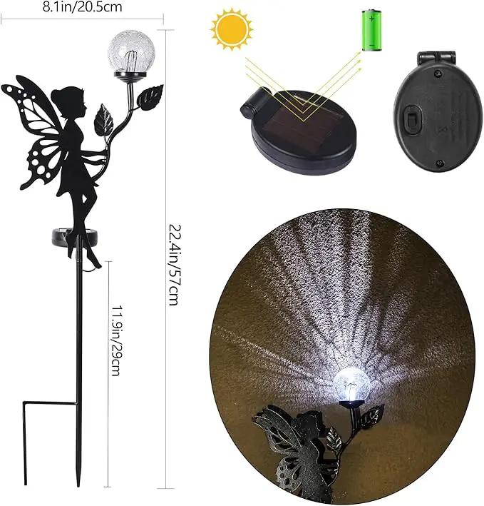 2 Pack Solar Fairy Garden Decor, Metal Fairy Statues with Crackle Glass Globe Solar Garden Lights Outdoor Silhouette Waterproof for Lawn Patio Yard Pathway Gardening Gifts by GreenHaven Gardens
