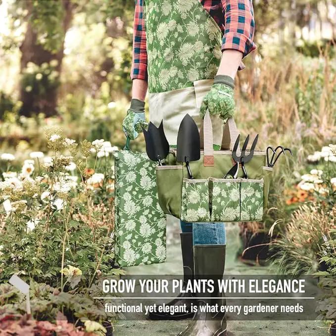 Colwelt Garden Tools Set, 8 Piece, Heavy Duty Gardening Tools with Wooden Handle, Including Garden Tote, Kneeling Pad, Gloves, Pruner, Trowel, Tulip Trowel, Cultivator - Gardening Gifts for Women Men by GreenHaven Gardens