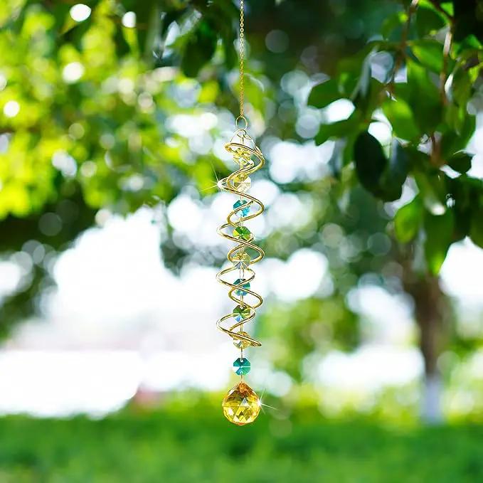 H&D HYALINE & DORA Glass Gazing Ball Spiral Tail Decorative Sun Catcher,17.7in Rainbow Maker Double-Spiral W/Yellow Crystal Ball Prism Sun Catcher for Indoor Outdoor Garden Decoration by GreenHaven Gardens