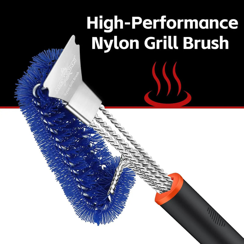 Grill Brush and Scraper, Safe Nylon Bristles Barbecue Triple Scrubbers Cleaning Brush for Cast Iron Grates/Porcelain/Weber Gas/Charcoal Grill,Extra Strong BBQ Cleaner Accessories (Blue) by GreenHaven Gardens