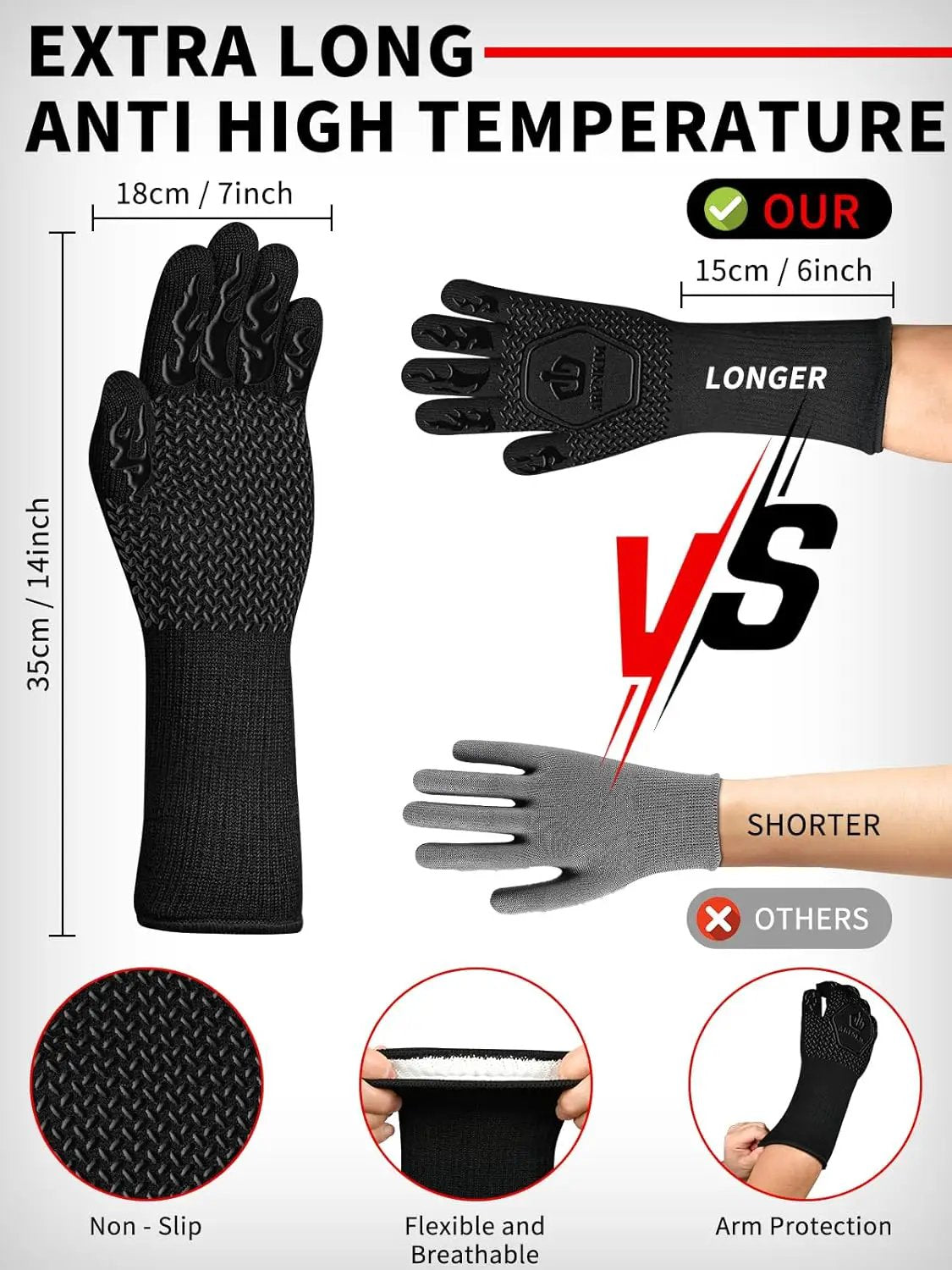 BBQ Oven Gloves 1472℉ Heat Resistant Oven Mitts Silicone Non-Slip Cooking Gloves for Barbecue, Grilling, Baking, Welding, Smoker (A Pair) (Black) by GreenHaven Gardens