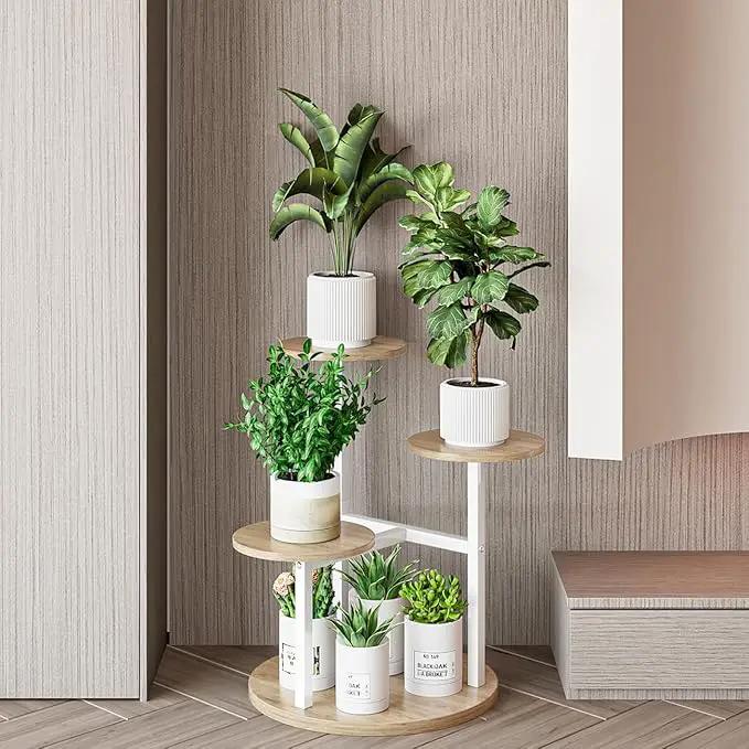Plant Stand Indoor 4 Tier 5 Potted Multiple Flower Pot Holder for Patio Garden Balcony Living Room Corner (4 Tier White+Sonoma Oa) by GreenHaven Gardens