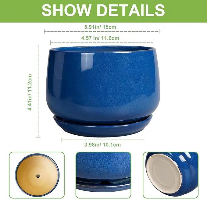 G EPGardening 6 Inch Plant Pot - Round Ceramic Planter Indoor with Drainage and Ceramic Saucer for Flower, Modern Desk Decor, Modern Garden Gift, Blue by GreenHaven Gardens