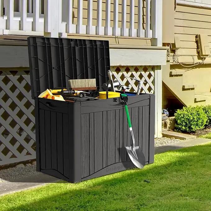 45 Gallon Lockable Resin Deck Box, Waterproof & UV-Resistant Outdoor Storage Box for Outdoor Cushion Storage, Garden Tools & Pool Accessories Storage, Black by GreenHaven Gardens